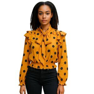 Farm Rio XS Mustard Yellow Polka Dot Ruffle Sheer Blouse NWT